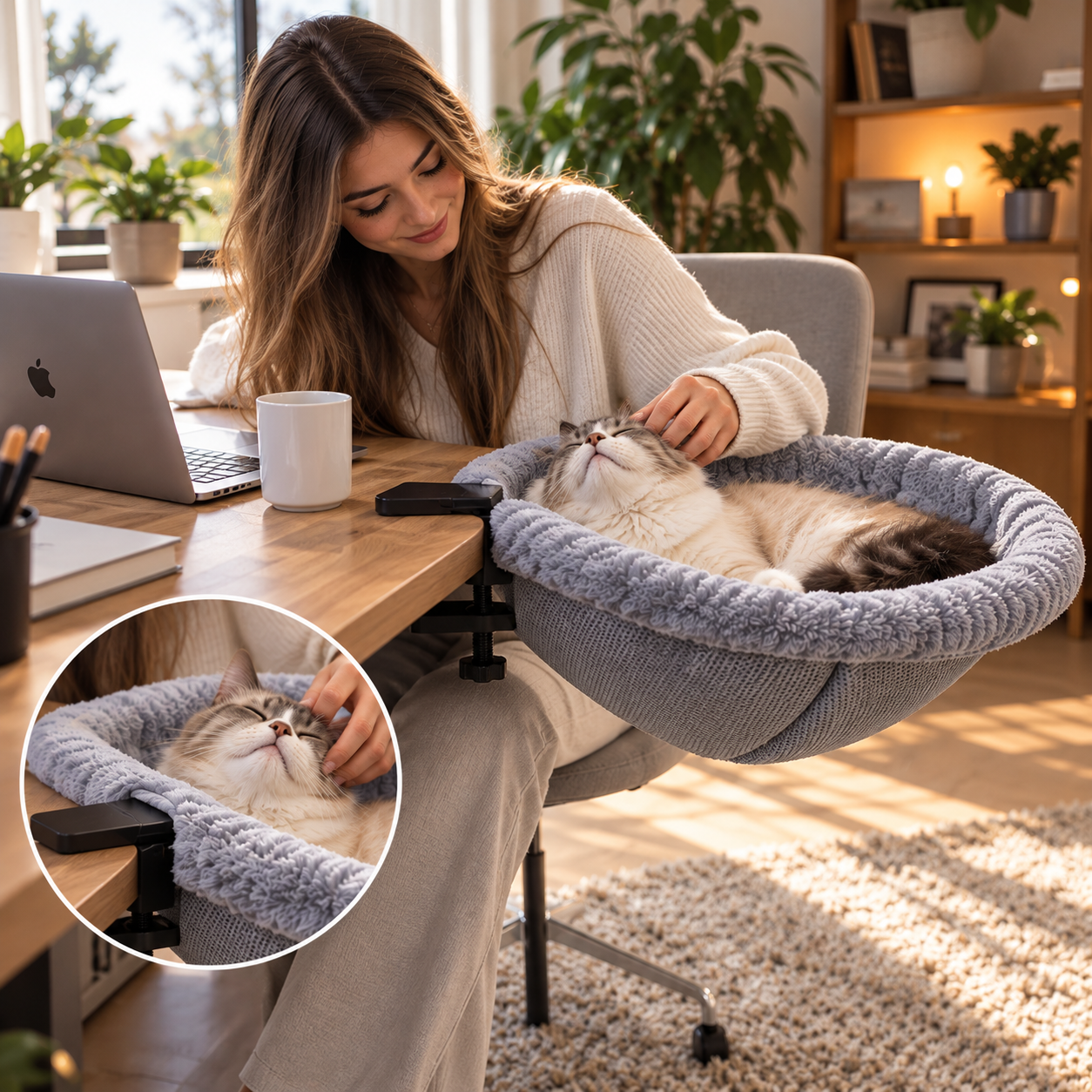 A quiet moment with a cat beside the workspace