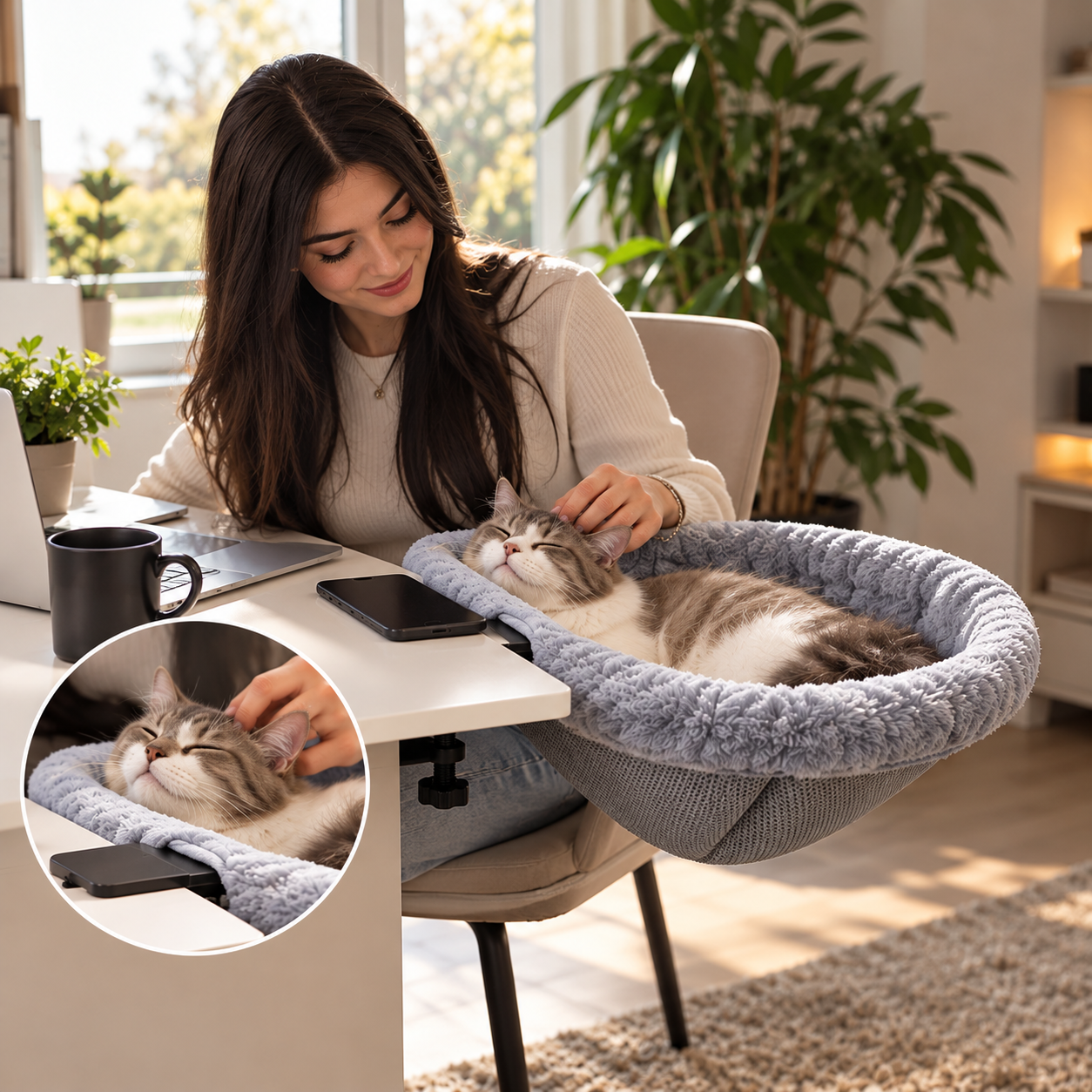 A cat keeping its human company at her desk