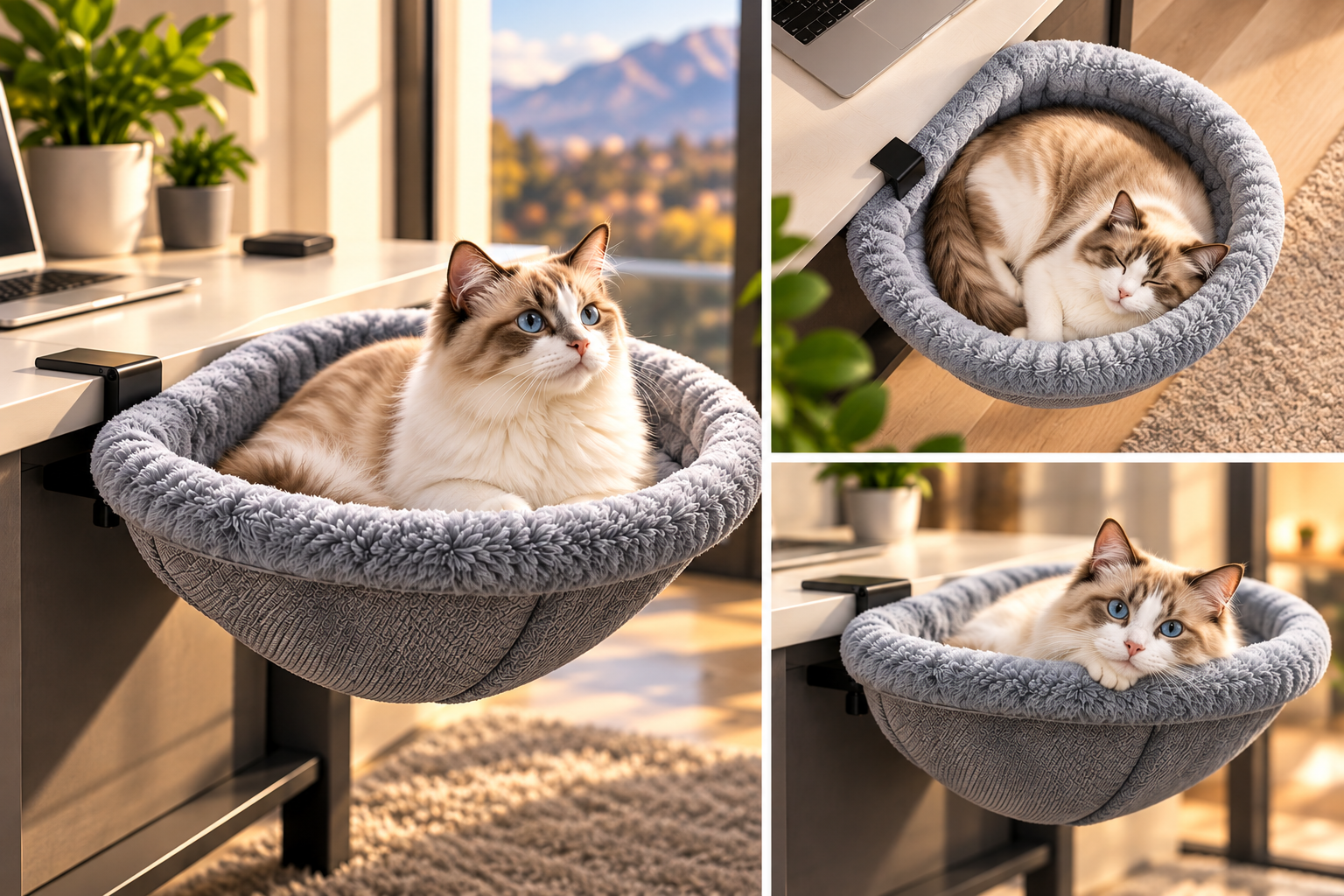Three views of the cosy desk bed