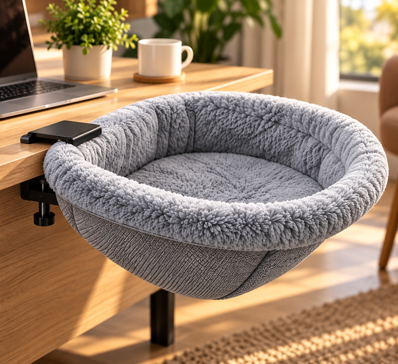 Grey plush cat bed and its desk clamp up close