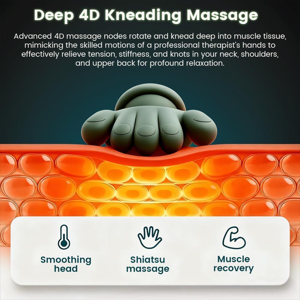 Cordless Shiatsu Neck Massager with Heat and 4D Kneading