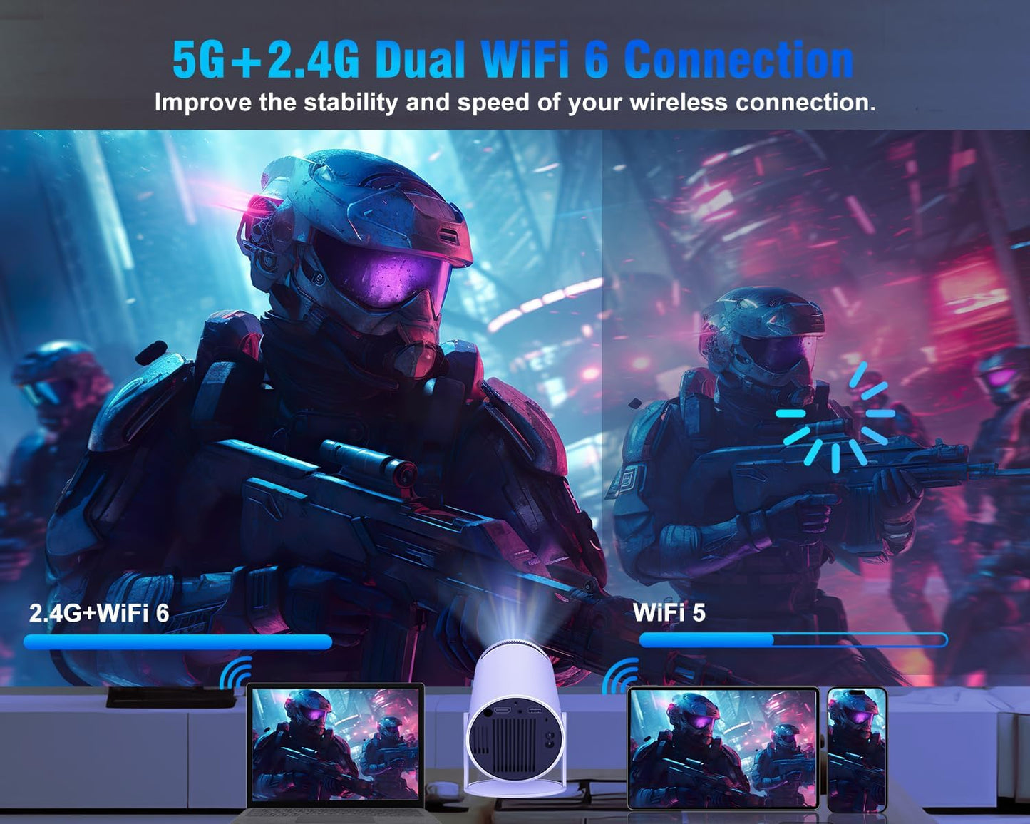 Smart Mini Projector with Android 11 and 200" Display