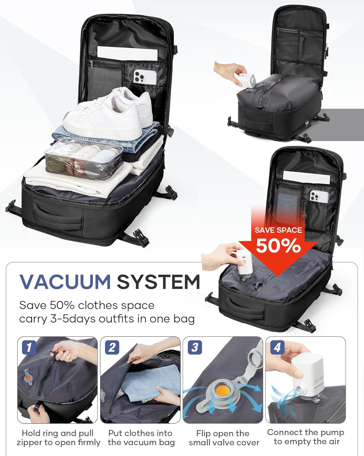 Vacuum Compression Travel Backpack Carry-On with Pump