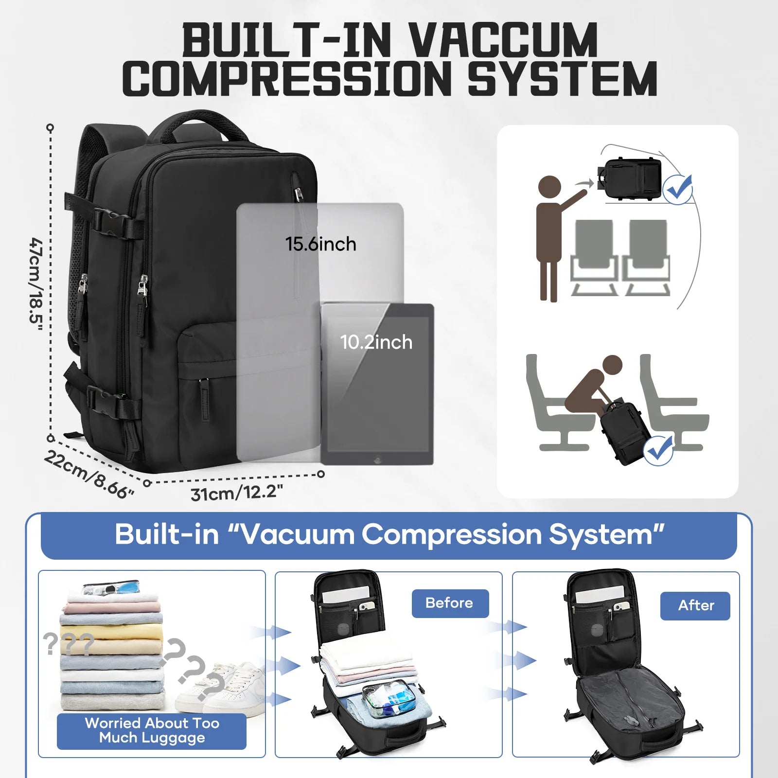 Cabin Size Travel Backpack 45x36x20 With Vacuum Storage