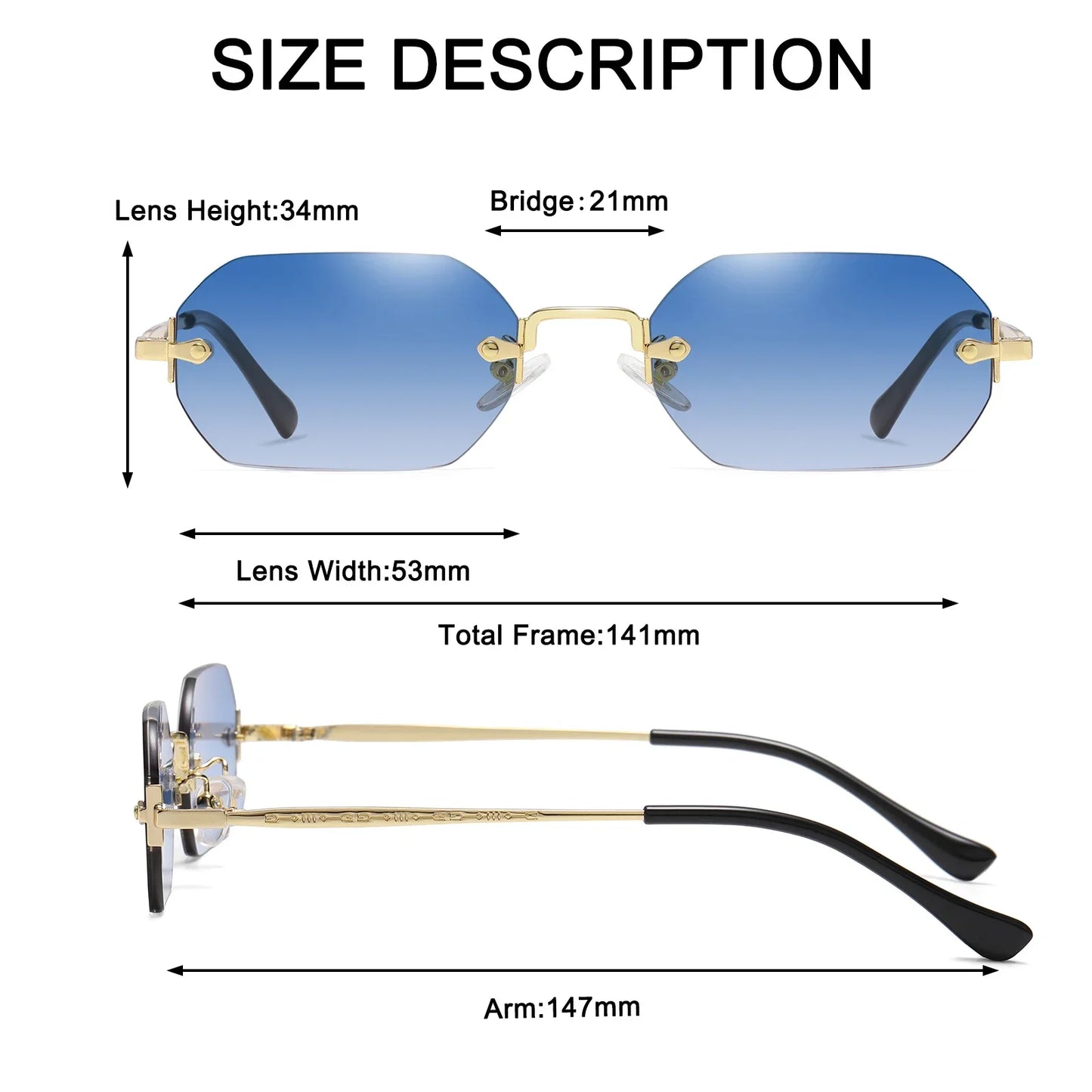 Vintage Rimless Rectangle Sunglasses UV400 For Women