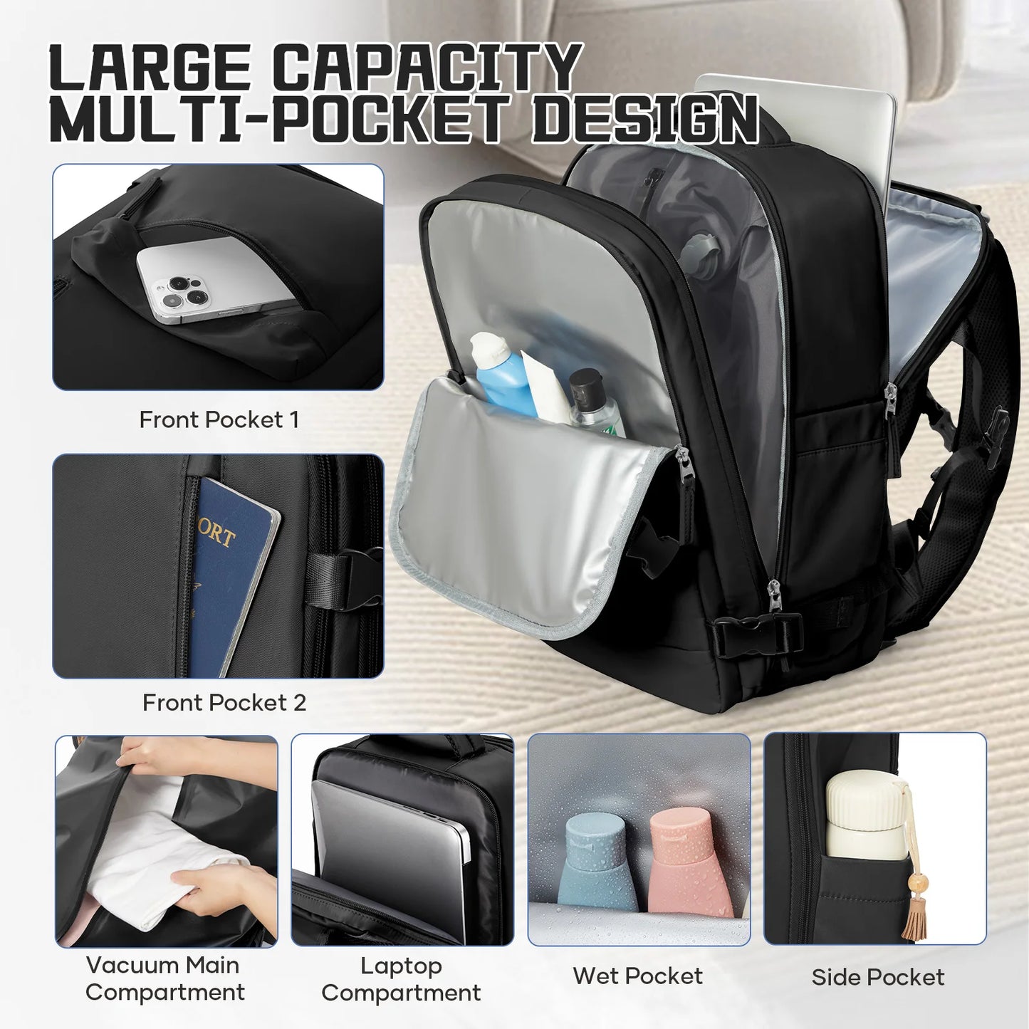 Cabin Size Travel Backpack 45x36x20 With Vacuum Storage