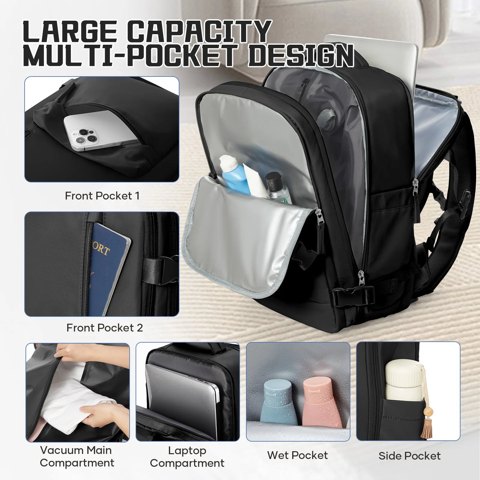 Cabin Size Travel Backpack 45x36x20 With Vacuum Storage